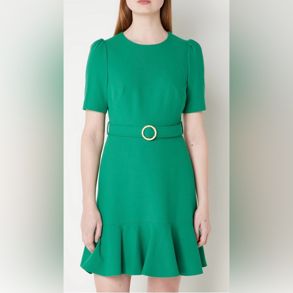 LK Bennett Emerald Green Belted Short Sleeve Fit-and-Flare Dress